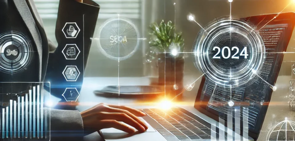 DALL·E 2025-02-03 14.20.56 - A modern business professional reviewing a website on a laptop, surrounded by visual elements symbolizing digital transformation, such as sleek, futur