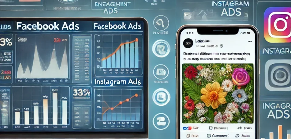 DALL·E 2025-03-01 10.29.30 - A digital marketing concept image comparing Facebook Ads and Instagram Ads. On the left, a laptop screen displays a Facebook Ads dashboard with analyt